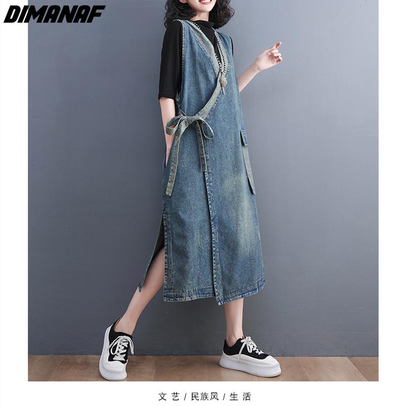 DIMANAF letná móda nadmernej veľkosti Ženy bez rukávov Elegantná dáma Dlhá vesta Šaty s opaskom Voľné oblečenie Modré džínsové šaty nadmernej veľkosti