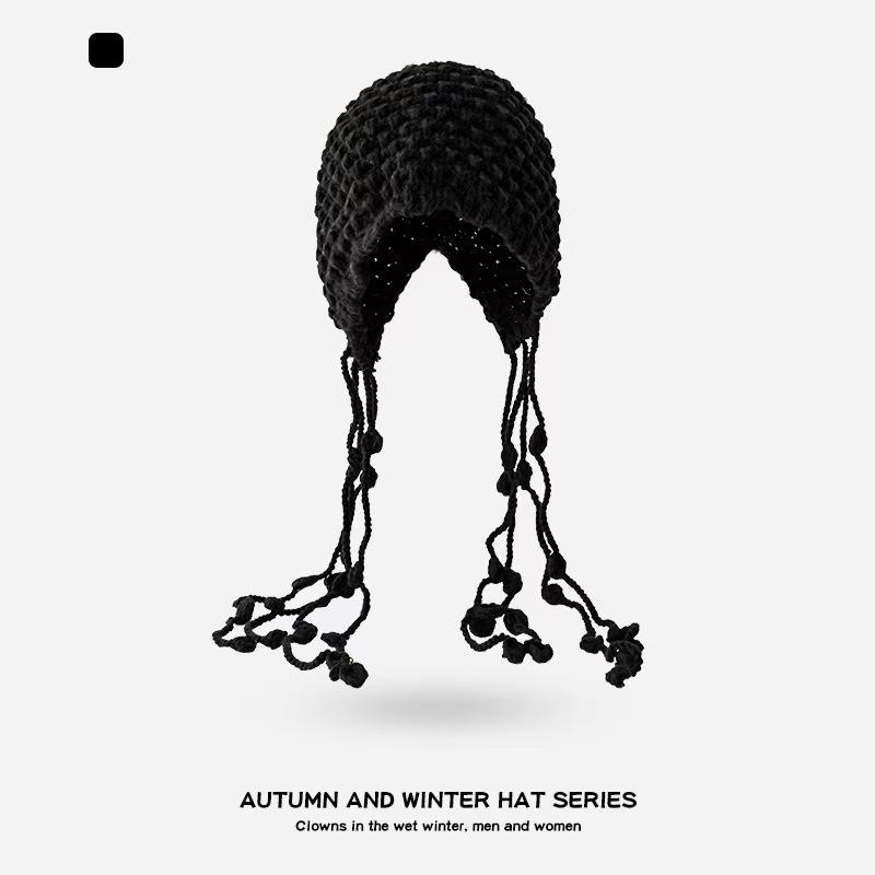 Autumn and winter warm wool hat, hand-woven hollow bald hat, women's fringed ear protector, sleeves, knitted hat