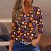 Lady's fashionable casual V-neck buttoned Halloween print three-quarter sleeve