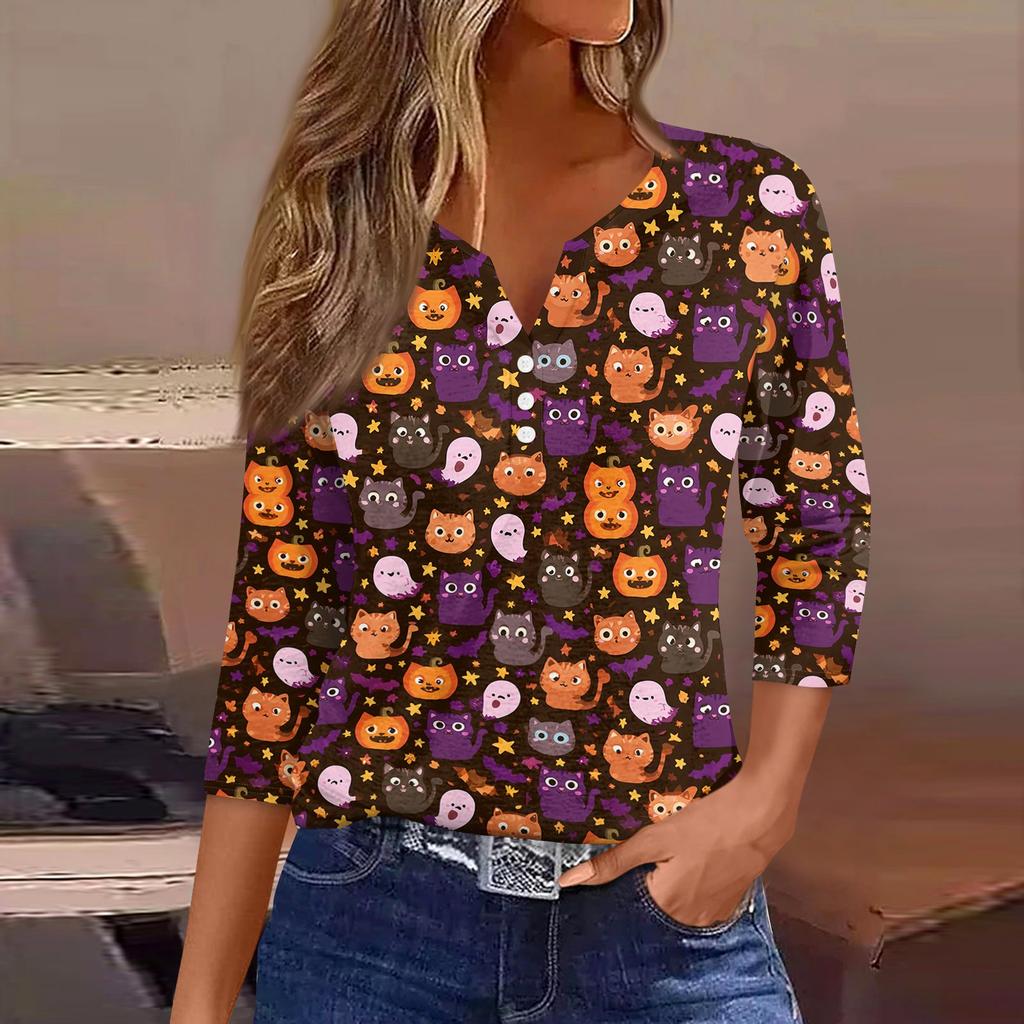 Lady's fashionable casual V-neck buttoned Halloween print three-quarter sleeve