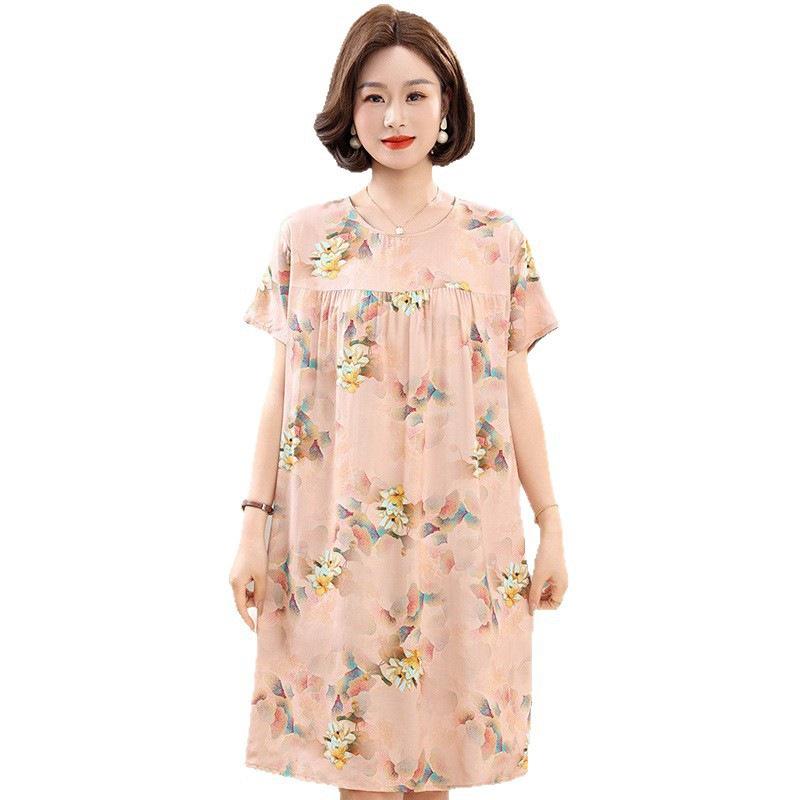 Floral Print Cotton Silk Knee-Length Dress for Middle-Aged Women – Lightweight, Short-Sleeved, Loose-Fit, Plus Size
