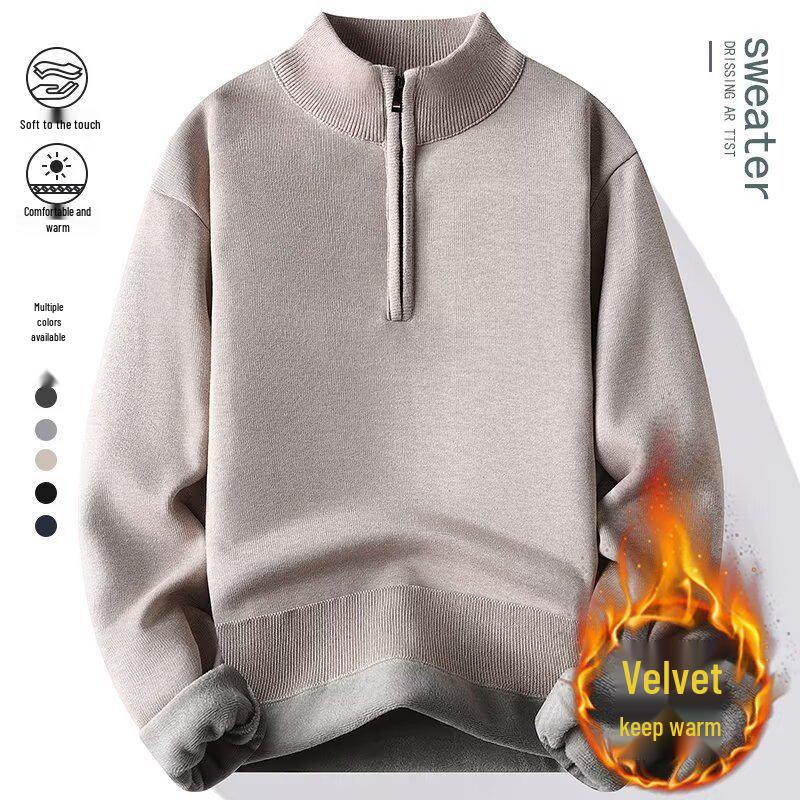

Men s Velvet-Lined Knit Half-Zip Sweater - Thick & Warm Winterwear 2XL хакі