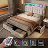 Lit Capitonné 160x200, Double, Avec Tête De Lit LED, Fonction De Recharge USB C Et 4 Tiroirs, Beige, Coton (matelas Non Inclus)