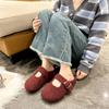 Fashion Rose Red Round Toe Lambswool Ballet Flats Woman Warm Teddy Fur Mary Jane Shoes Ladies Brand Design Winter Fluffy Mule Slippers
