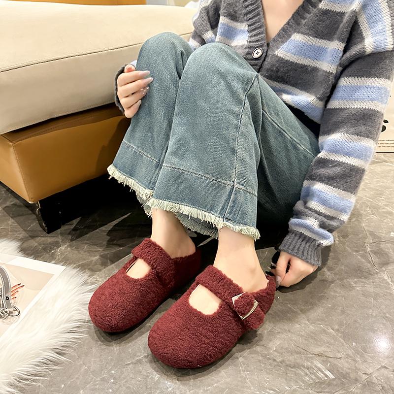 Fashion Rose Red Round Toe Lambswool Ballet Flats Woman Warm Teddy Fur Mary Jane Shoes Ladies Brand Design Winter Fluffy Mule Slippers
