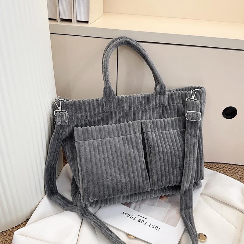 Simple Solid Color Corduroy Shoulder Bags for Women Large Capacity Ladies Multi-Pocket Tote Handbags Student Crossbody Bag