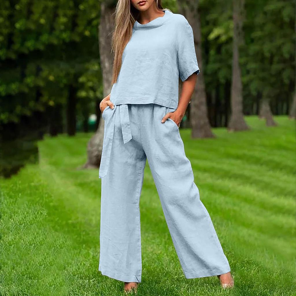European & American Plus Size Women's Casual Summer Two-Piece Set with Short Sleeve Round Neck