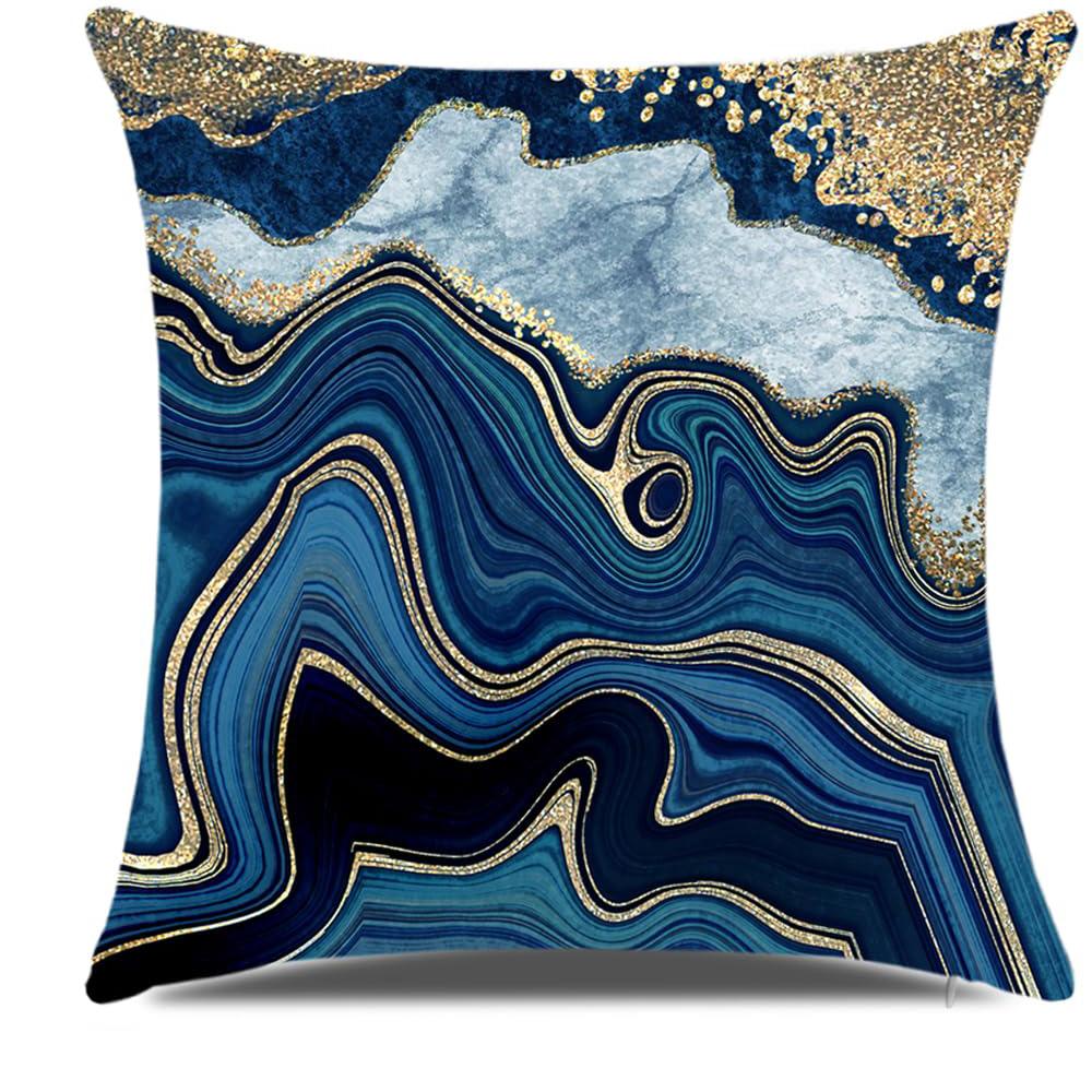 Home Decor Blue And Gold Marbled Pattern Pillow Covers Pattern Cushion Cover Suitable For Sofa Bedroom Car Pillow Cover
