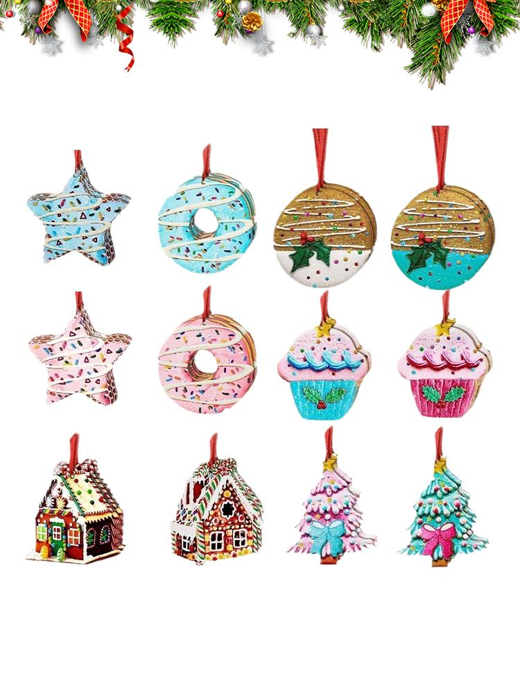 Wooden Christmas Ornaments 24 Pieces Party Decoration 2D Double-Sided Printing Donut Cake Christmas Tree Decorations for Winter