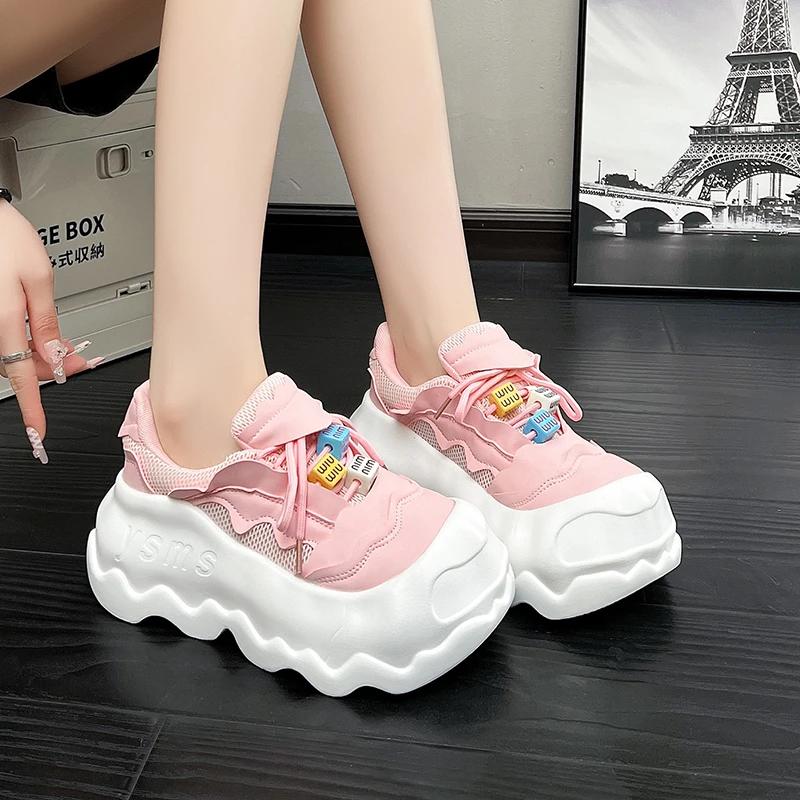 Fashion 8CM Designer Women Breathable Pink Sneakers Cute Patchwork Shoes Thick Heel Sneakers Casual Running Platform Lolita Bread Shoes