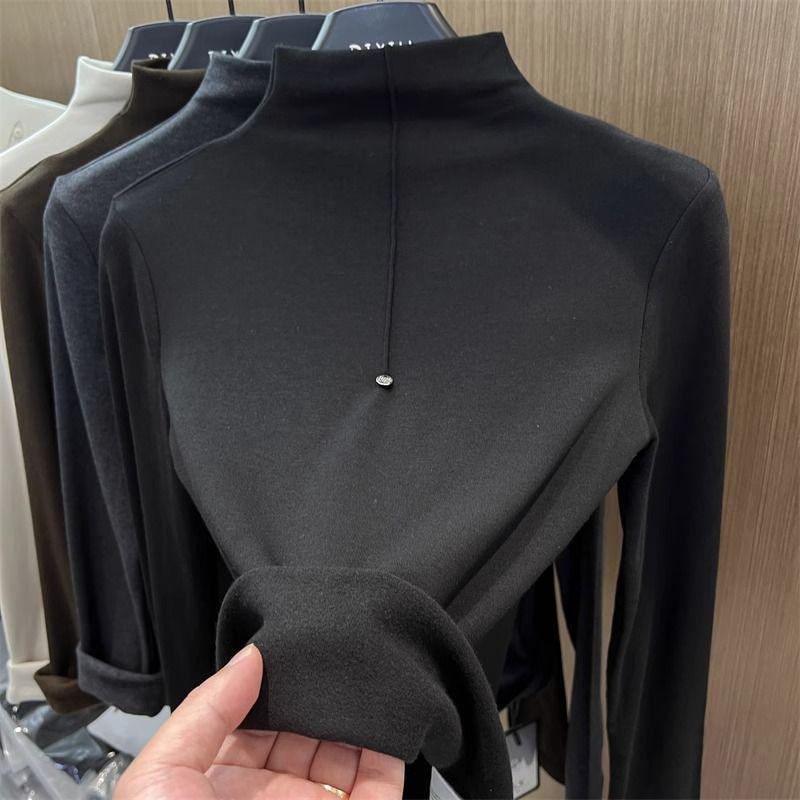 

Женская приталенная футболка с полувысоким воротником и длинными рукавами, утолщенная, для осени/зимы 2025 L (50-57.5 kg)