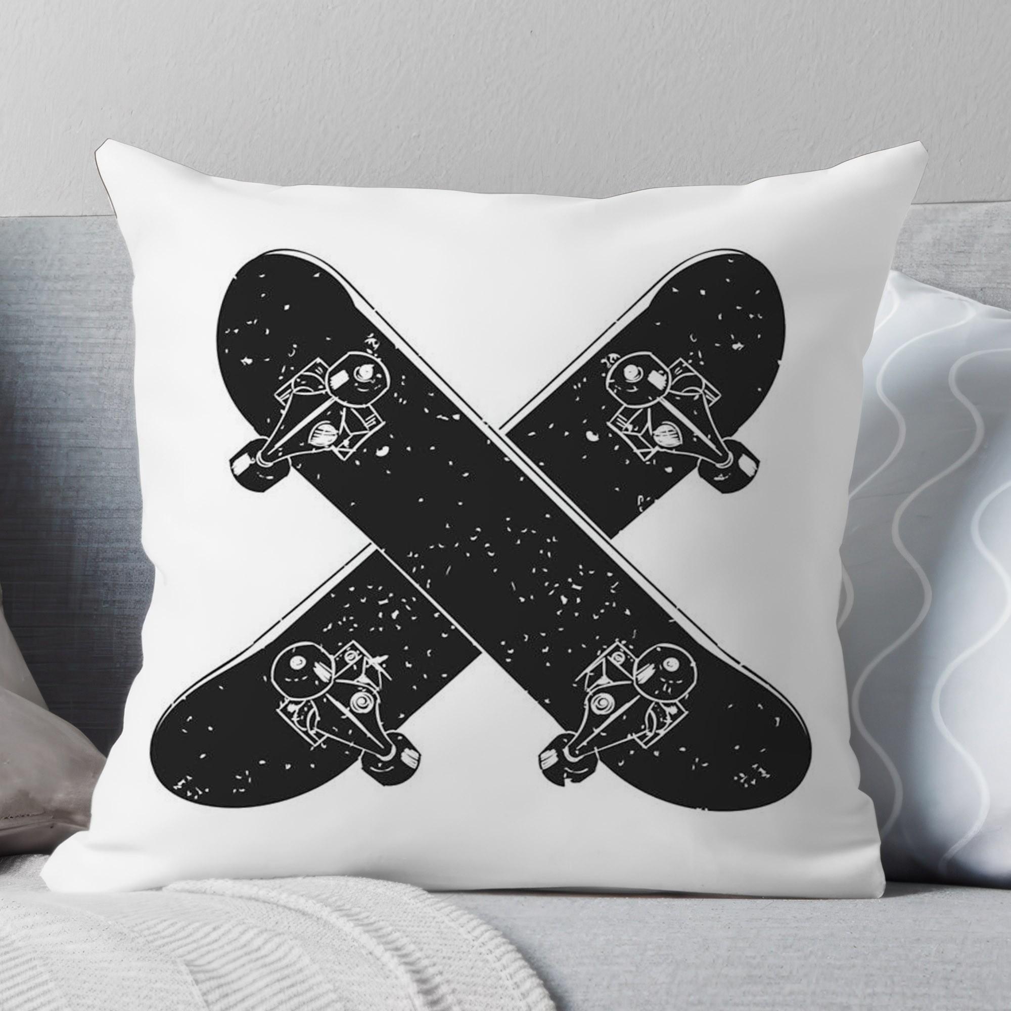 Housse de coussin Skateboard, Housse de coussin Sports Extrêmes Style Rue X Coussin Jeté Skate Noir Blanc Rétro Décoration Maison Cadeau Adolescent Garçon 55x55cm