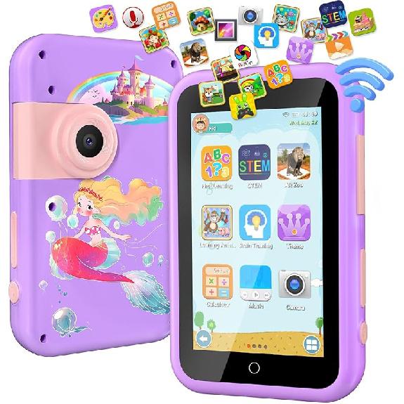 VATOS Умный телефон-игрушка для детей, для девочек и мальчиков 3 4 5 6 7 8 9 лет, 4-дюймовый большой сенсорный экран, стиль русалки, детский мобильный телефон с двойной камерой, музыкальный плеер, фиолетовый