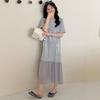 Summer Elegant Knit Dress With Puff Sleeve And Splicing For Casual Wear