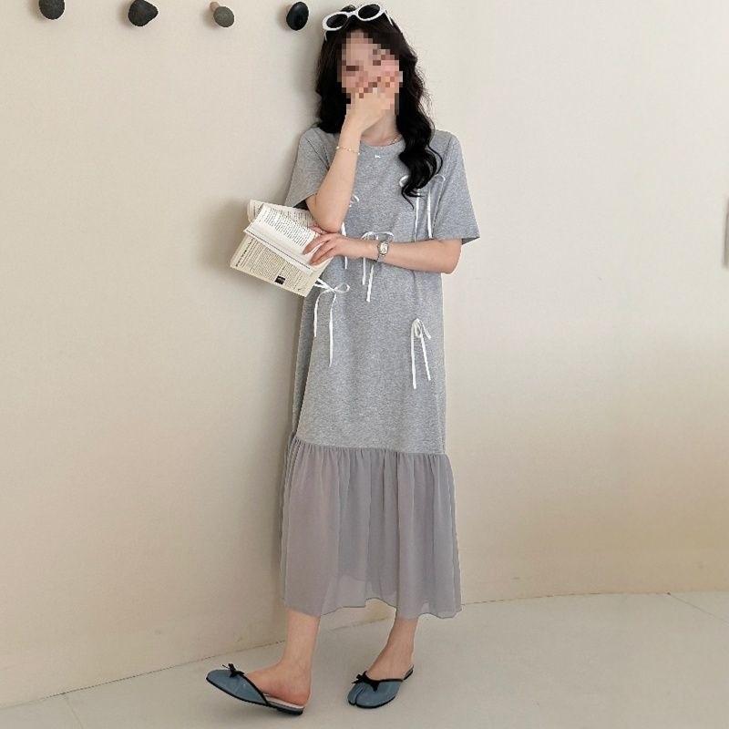 Summer Elegant Knit Dress With Puff Sleeve And Splicing For Casual Wear