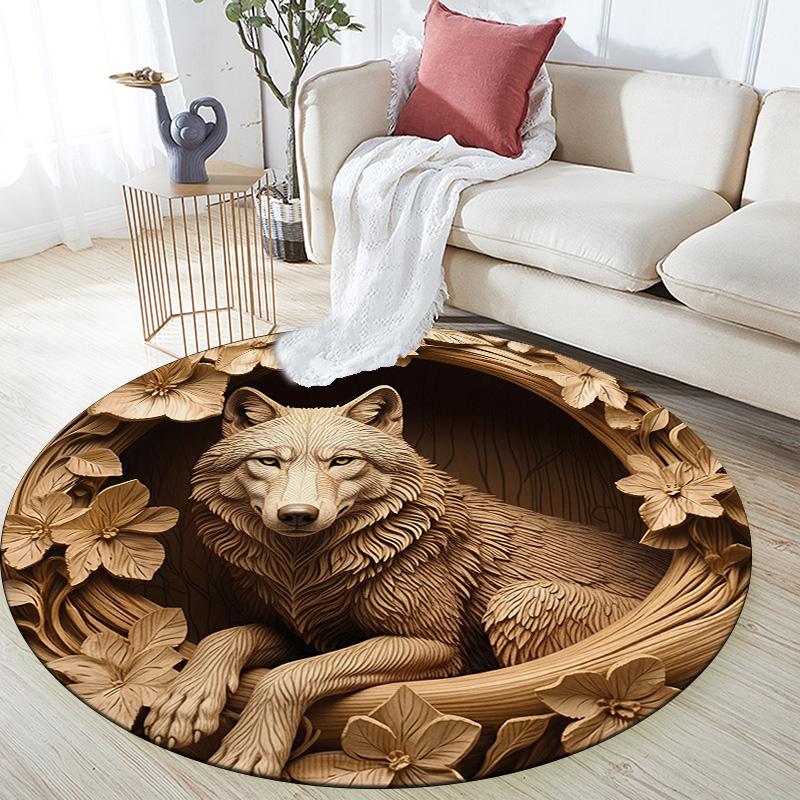 Wolf, Gorilla, Fox, and Wildebeest  Round Area Rug,Carpet Rug for Living Room Bedroom Sofa Playroom Decor,Non-slip Floor Mat