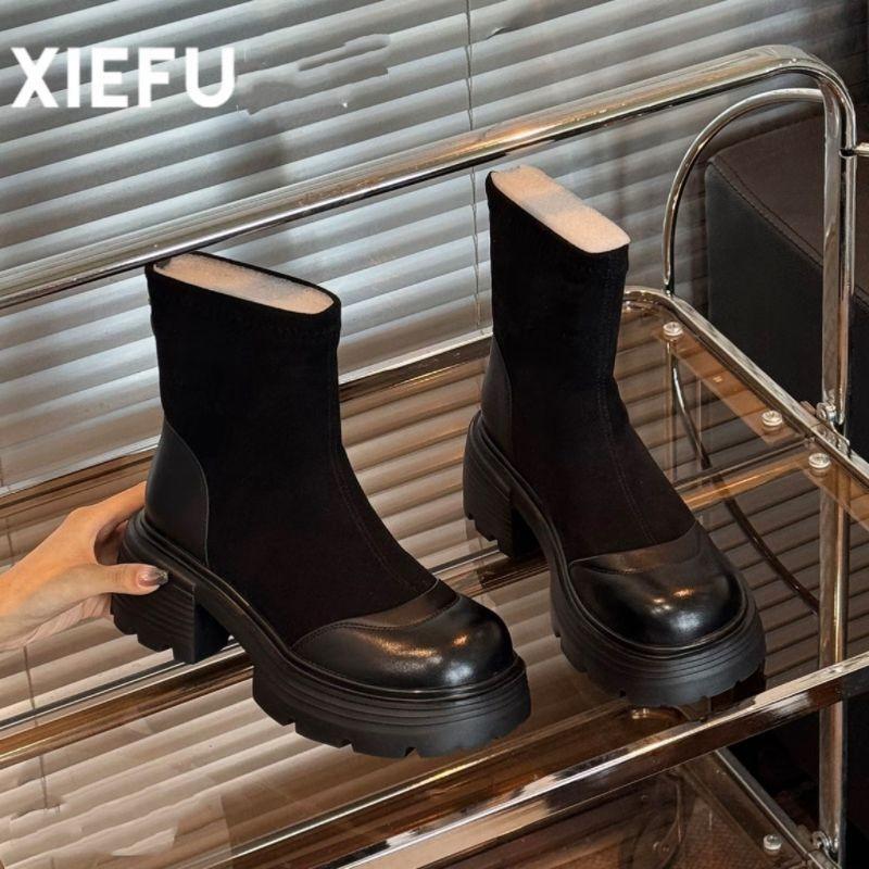 

Skinny boots thick heel short boots women s 2025 new autumn elastic boots suede retro versatile heightening thick-soled Martin boots 40 чёрный