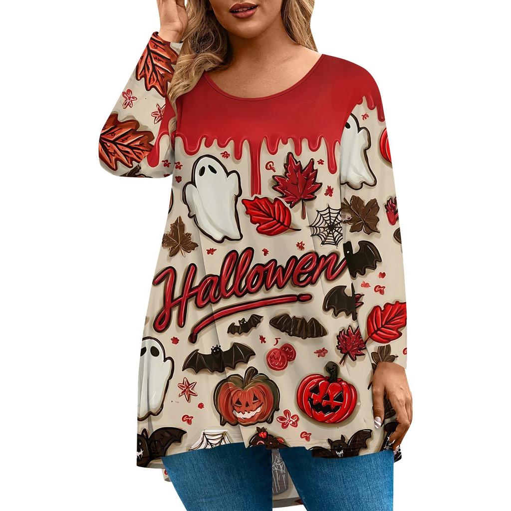 Women's Fashion Large Size Round Neck Long Sleeve Casual Halloween Print Loose Pullover Top