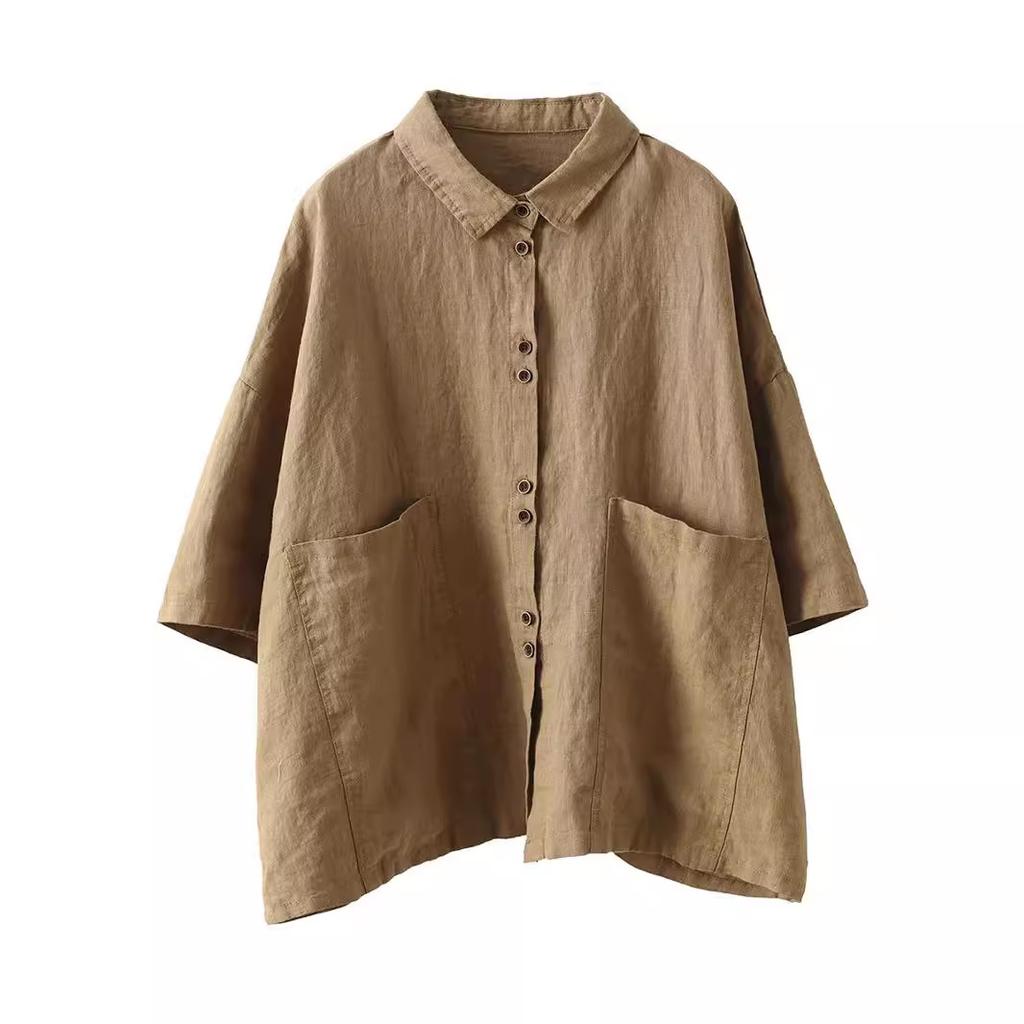 Retro cotton and linen short-sleeved shirt women's summer new large-size shirt loose casual versatile Polo collar top