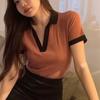 Summer Color-Block Korean-Style Base Layer Top V-Neck Breathable Polo Shirt Sweet and Lovely Slim Lapel T-shirt