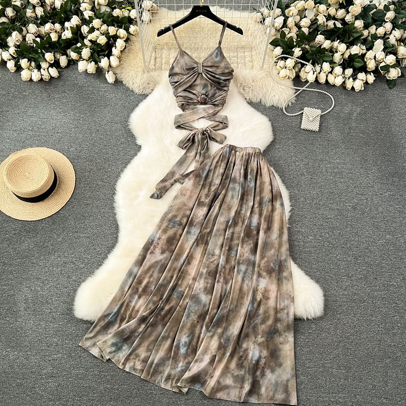 

Classy Atmosphere Wear Two-piece Set Women s Retro Tie-Dyed Niche Style Hollow out Strap Sling Tops High Waist Skirt Image color S