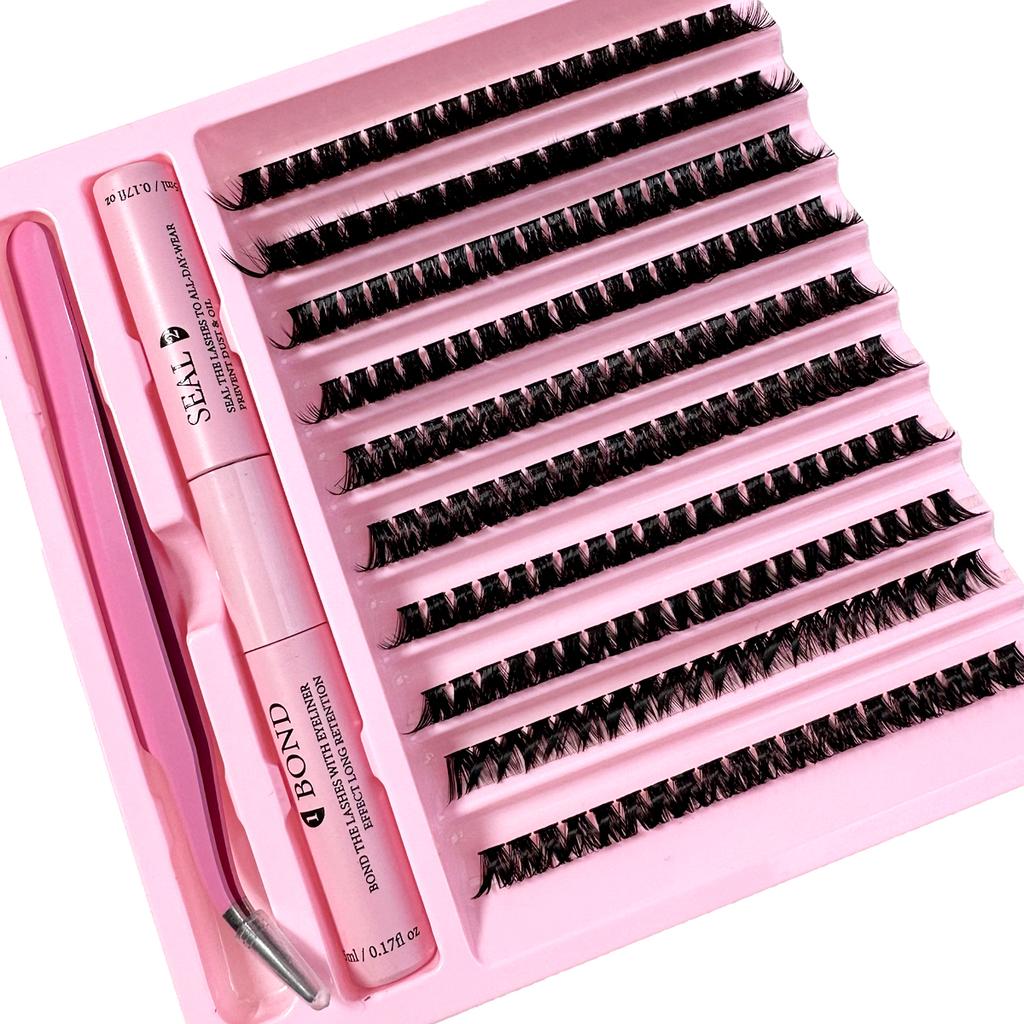 1Set DIY Clusters Lash Kit Full Set 8-16mm Mix Bond&Seal Tweezers Lash for Self Application Makeup Individual Eyelash Extensions