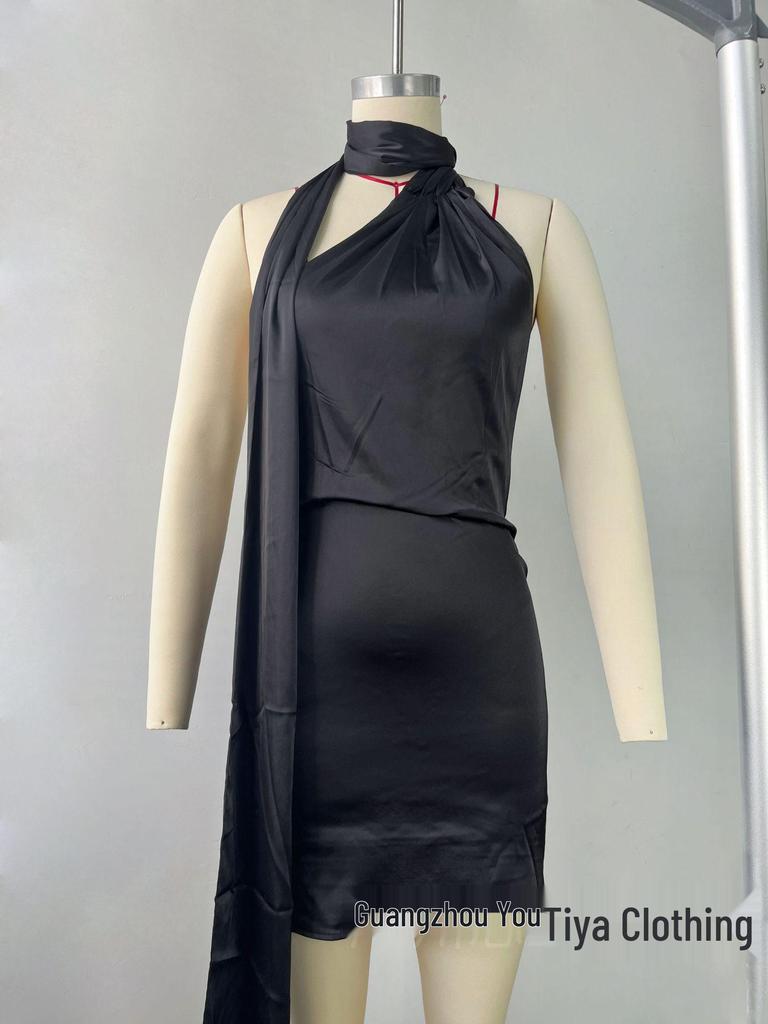 Elegant Cross-Border Satin Dress: Sexy Backless Short Skirt with Adjustable Halter Neck