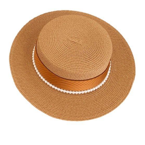 French Celebrity Style Flat Top Top Hat New Summer Elegant Pearl Straw Seaside Sun Hat Children