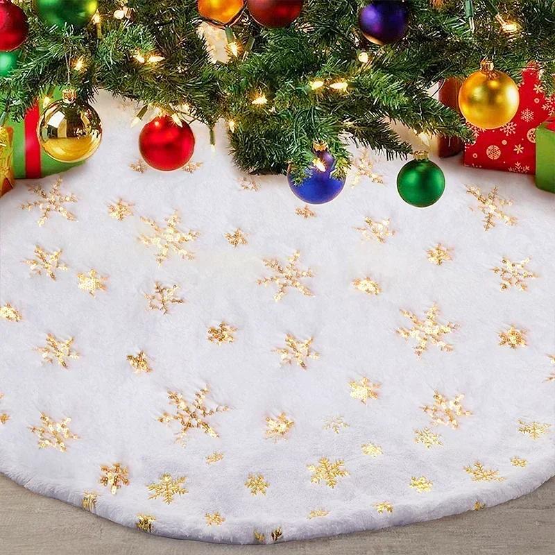 1pc 38CM White Snowflake Christmas Tree Skirt, Faux Fur Plush Xmas Base Cover Round Mat for Holiday Party, Autumn Halloween