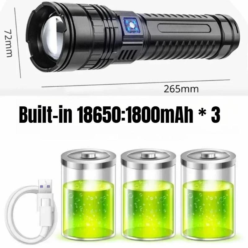 COB Flashlight Built-in Battery Flash Light Emergency Spotlights 4km 2000LM Most Powerful LED Flashlights Type-C Charging