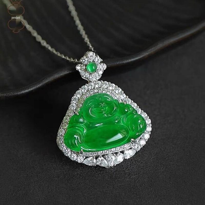 S925 Silver Pendant: Natural Jade Maitreya Buddha Necklace, Full Green Design.