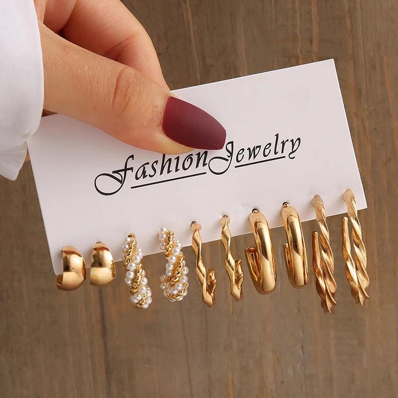 

New Gold Color Vintage Geometry Pearl Earrings Set Metal Twine Square Dangle Earring Round for Women Simple Trendy Party Jewelry