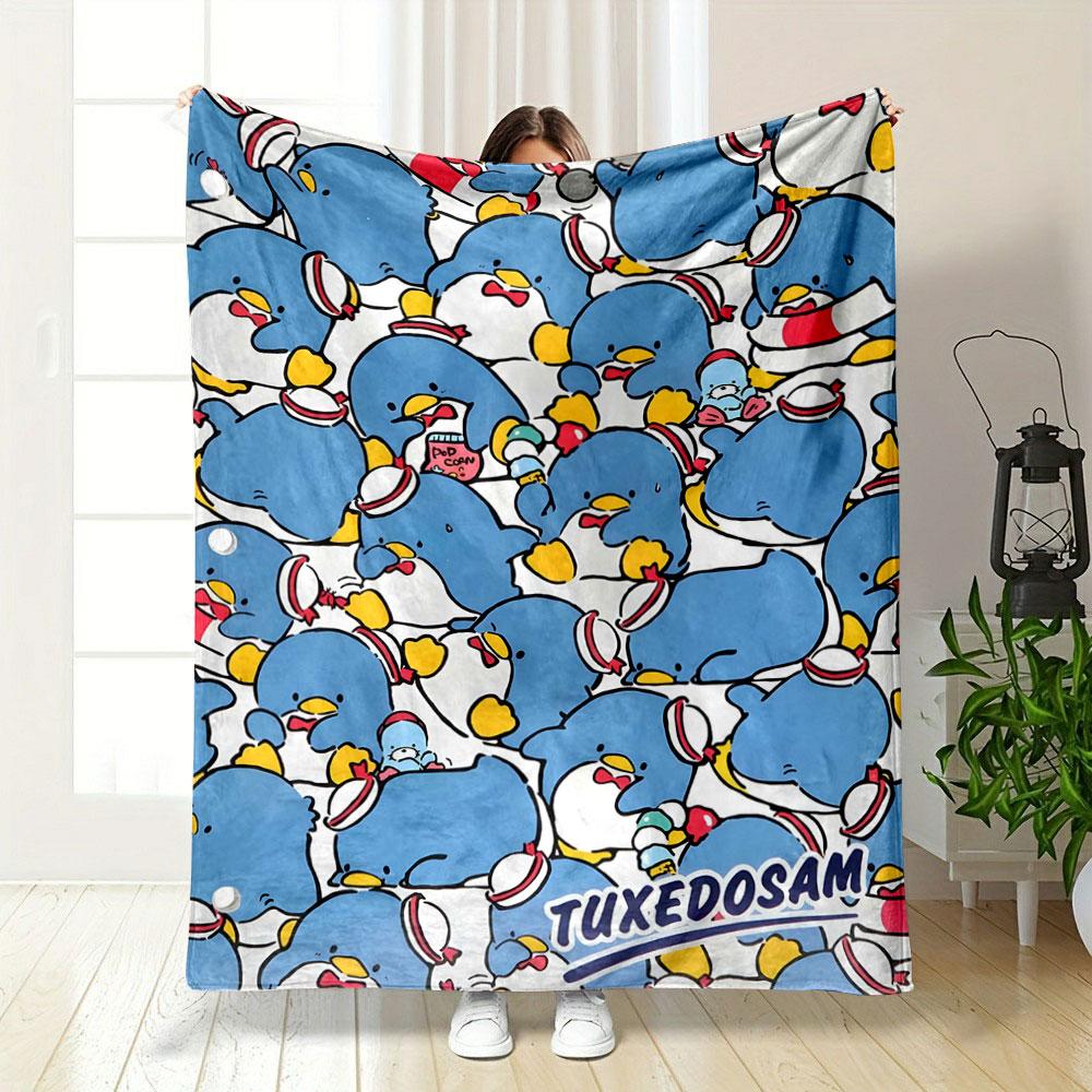 Blue Penguins with Hats and Accessories In a Playful, Crowded Design. for All Seasons Blanket Lunch Break Throw Gift 75X95CM