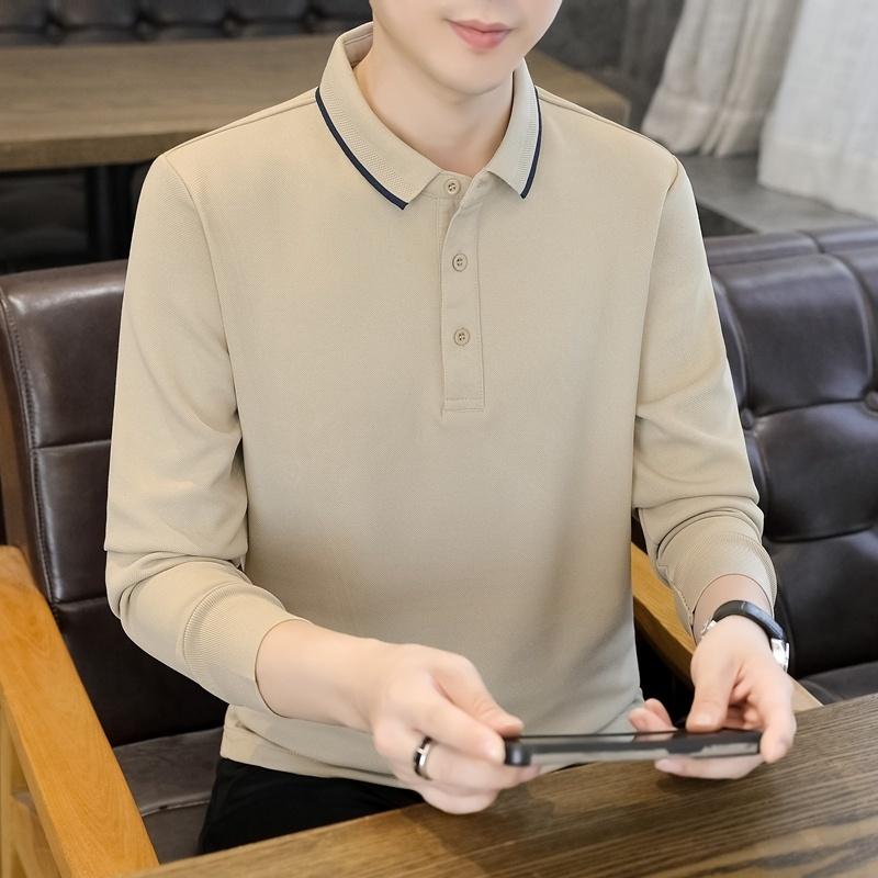 Middle-aged and Young Solid Color Top for Men's Long-sleeved T-shirt Business Lapel Polo Shirt