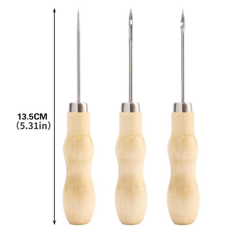 3Kinds Wooden Handle Leather Sewing Awl Set for Handmade Stitch DIY Craft Punching Accessories Shoe Repair Tool