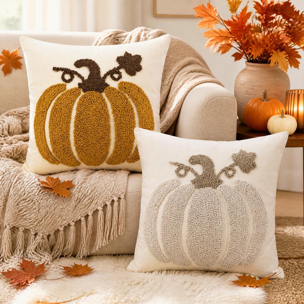 Fall Towel Embroidered Pumpkin Throw Pillowcase Cojines Thanksgiving Sofa Decorative Cushion Cover Halloween Square Pillow Cover
