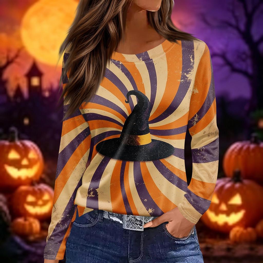 Women's Long Sleeve Casual Pullover Top Halloween Pumpkin Print Crew Neck Split Hem Blouse Lightweight Comfortable Fit