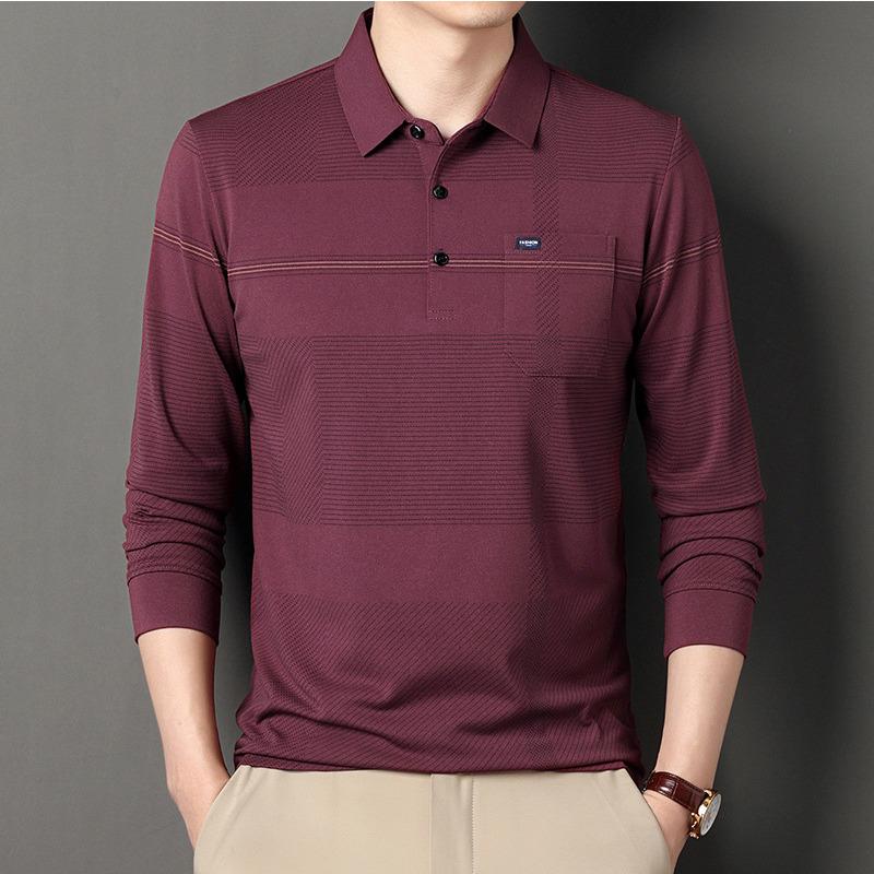 New Dad Wear Men's Lead Long-Sleeved T-shirt Men's Real Pocket Top Striped Men's Polo Shirt with Pockets
