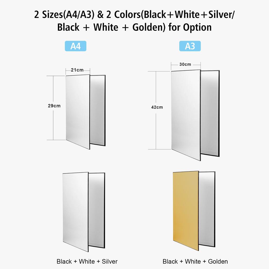 3 In 1 Photography Cardboard Paperboard Folding Photography Reflector Diffuser Board (Black + White + Silver) for Still