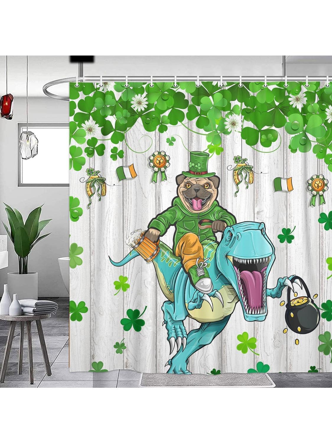 

St.Patrick S Day Shower Curtain, Irish Green Clover Shamrock Fabric Bathroom Decor Shower Curtain, Green Yellow Four Leaves W60H190(CM)-1 Pcs
