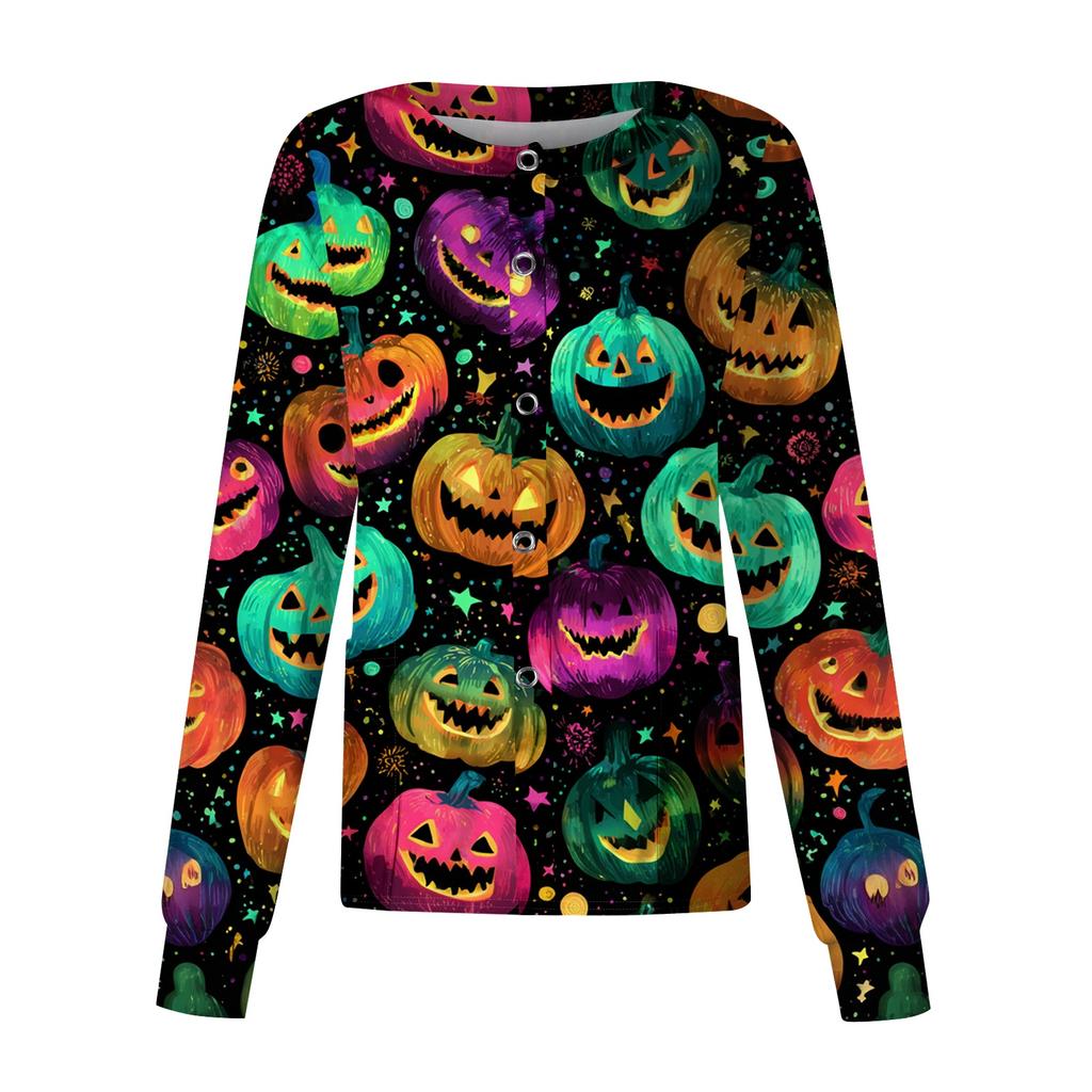 Women's Casual Long Sleeve Single Button Shirt Halloween Pumpkin Print Nurse Uniform Top Comfortable Fit Lightweight Fabric