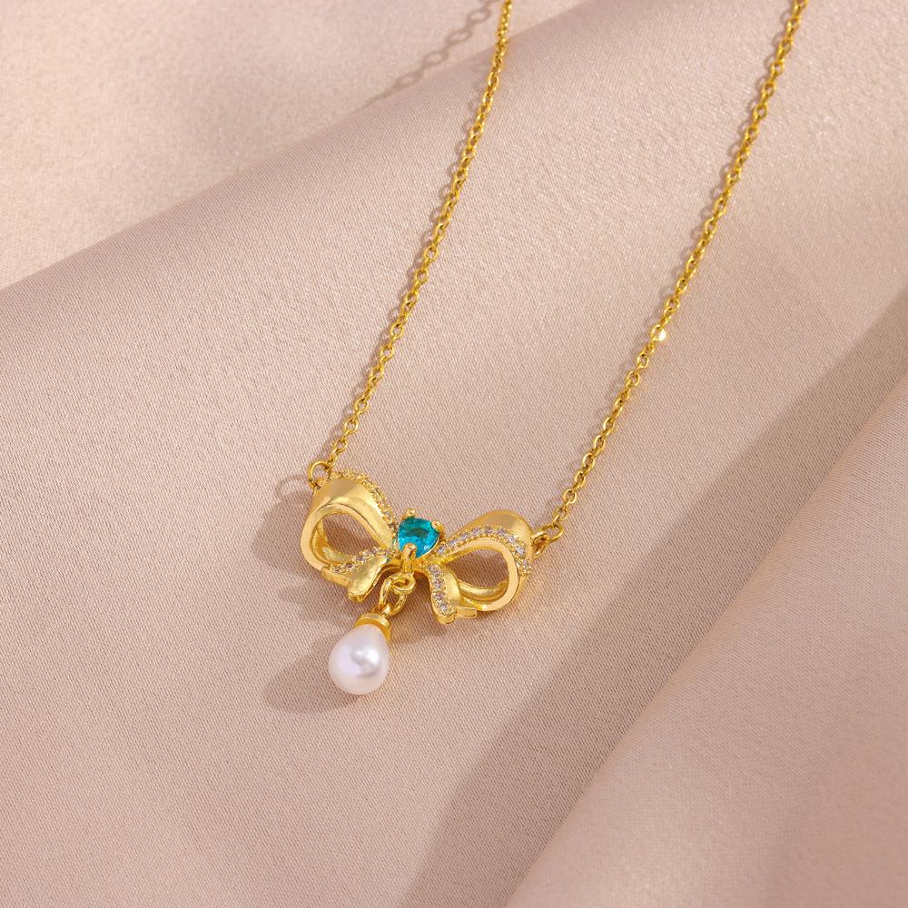 Live Temperament Light Luxury Tassel Pearl Bow On the Run Princess Titanium Steel Necklace High Sense Clavicle Chain Women