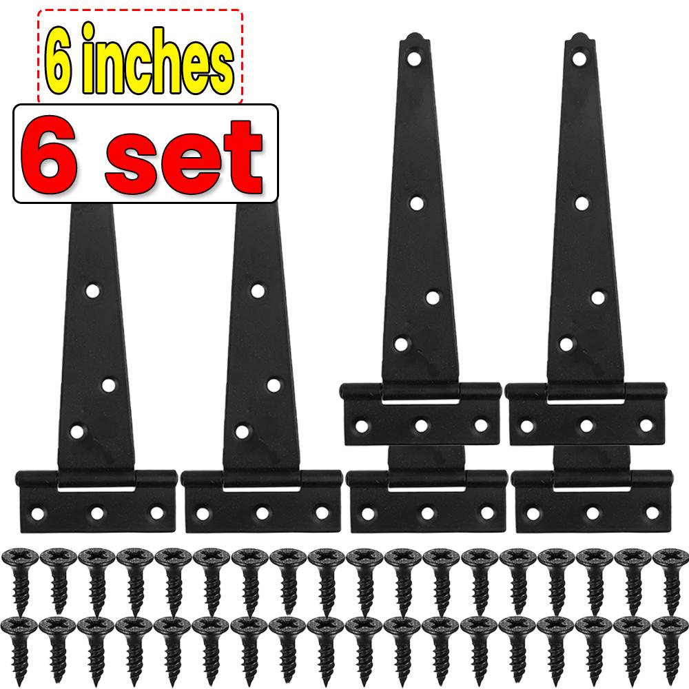 3/4/6 Inch Black T-Strap Hinges Rustic Gate Strap Hinge Rustproof Gate Door Black Hinges for Windows, Fence and Barn Gates