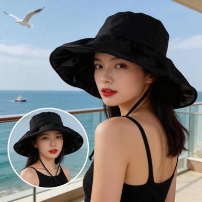 Vinyl Sunscreen Bucket Hat Women's Summer New Foldable Sunshade UV Protection Large Brim Sunscreen Black Sun Hat