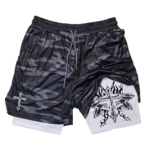 Muay Thai Kick Boxing MMA Shorts Cross Christian Camouflage God Men Women Unisex Double Layer Quick Dry Breathable Sport Gym Fitness Workout