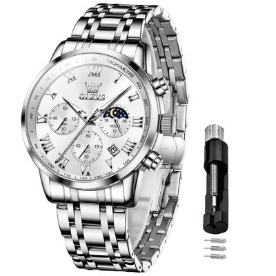OLEVS Quartz Watch with Date Luminous Business Classic Stainless Steel White Men's Display, Waterproof, Analogue, Popular, Stylish, Watch, Strap,