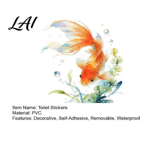 Self-Adhesive Toilet Lid Decals Watercolor Goldfish Seat Sticker & Water Plants Tank Stickers PVC Waterproof Bathtub Decal for Bathroom Decor