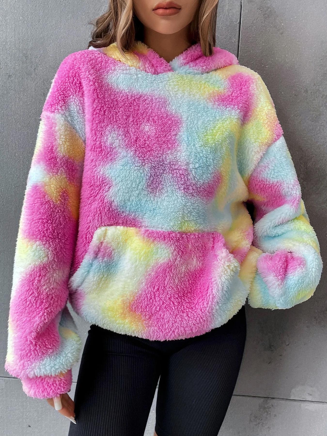 Women s Casual Versatile Tie-Dye Pocket Plush Hooded Sweatshirt Clothes Sale S