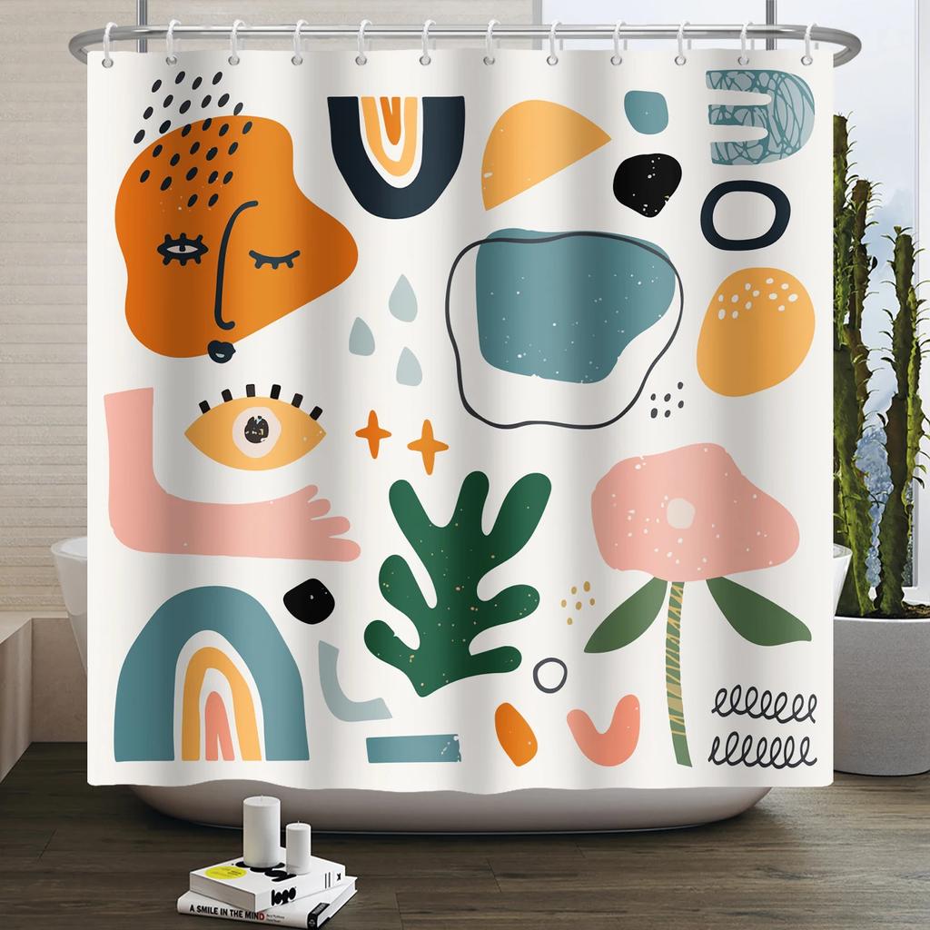 Nordic Wind Boho Shower Curtain for Bathroom Abstract Mid Century Modern Minimalist Geometric Arch Beige Bohemian Bath Curtain