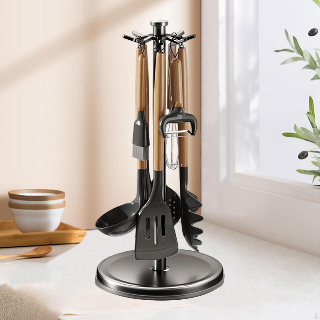 Degree Rotating Utensil Rack Hanger Stand Supplies Organizer with Hooks for Kitchen Counter Spoon